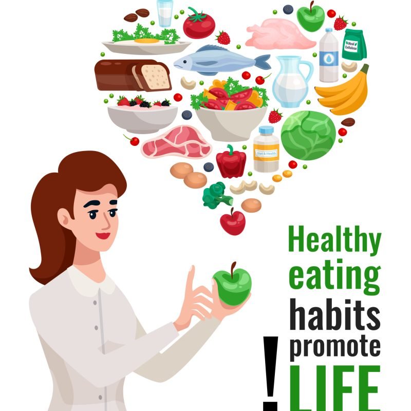 Healthy eating advertising poster with young woman holding green apple and useful food icons in heart form cartoon vector illustration